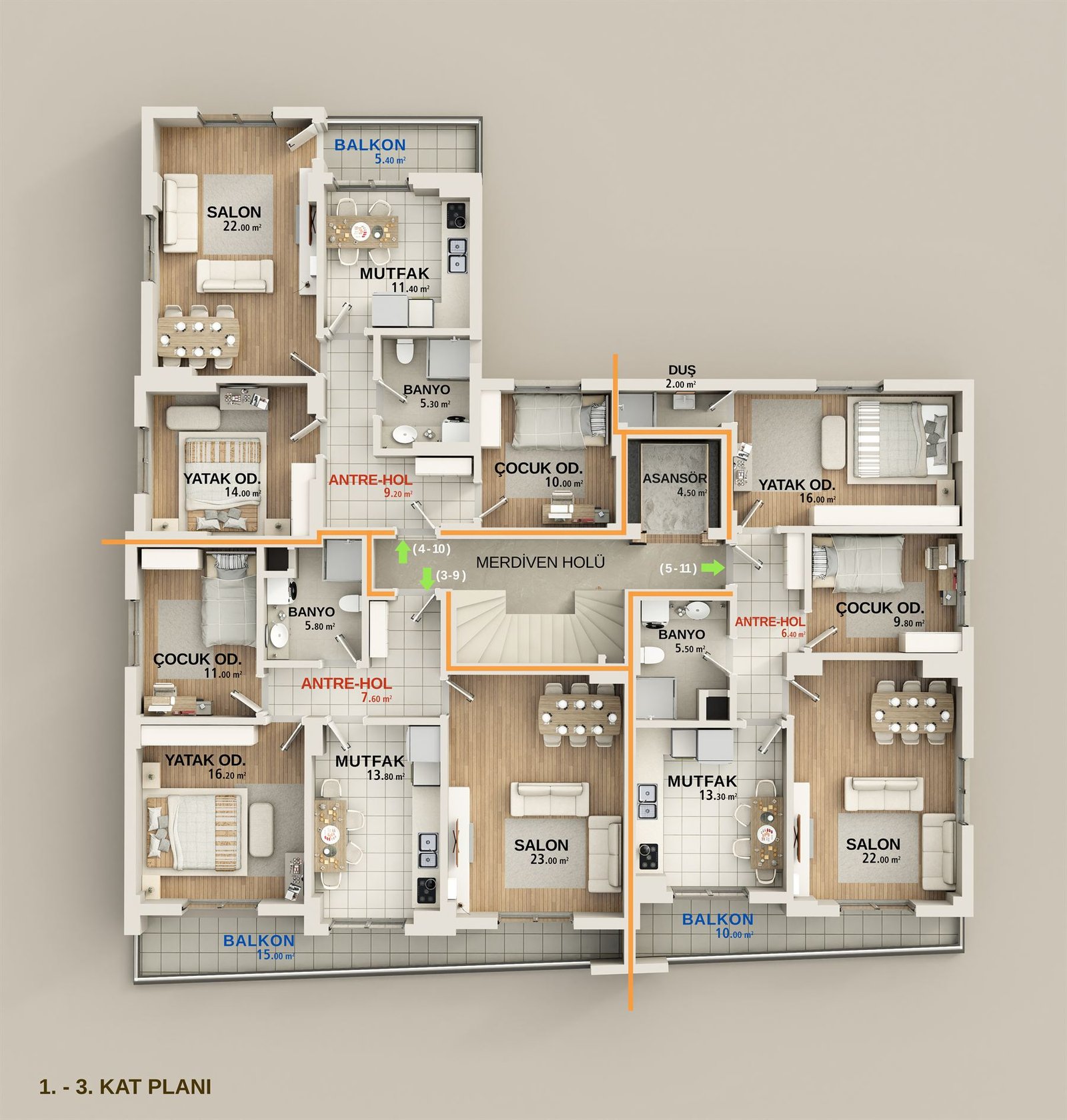 1. - 3. Kat Planı